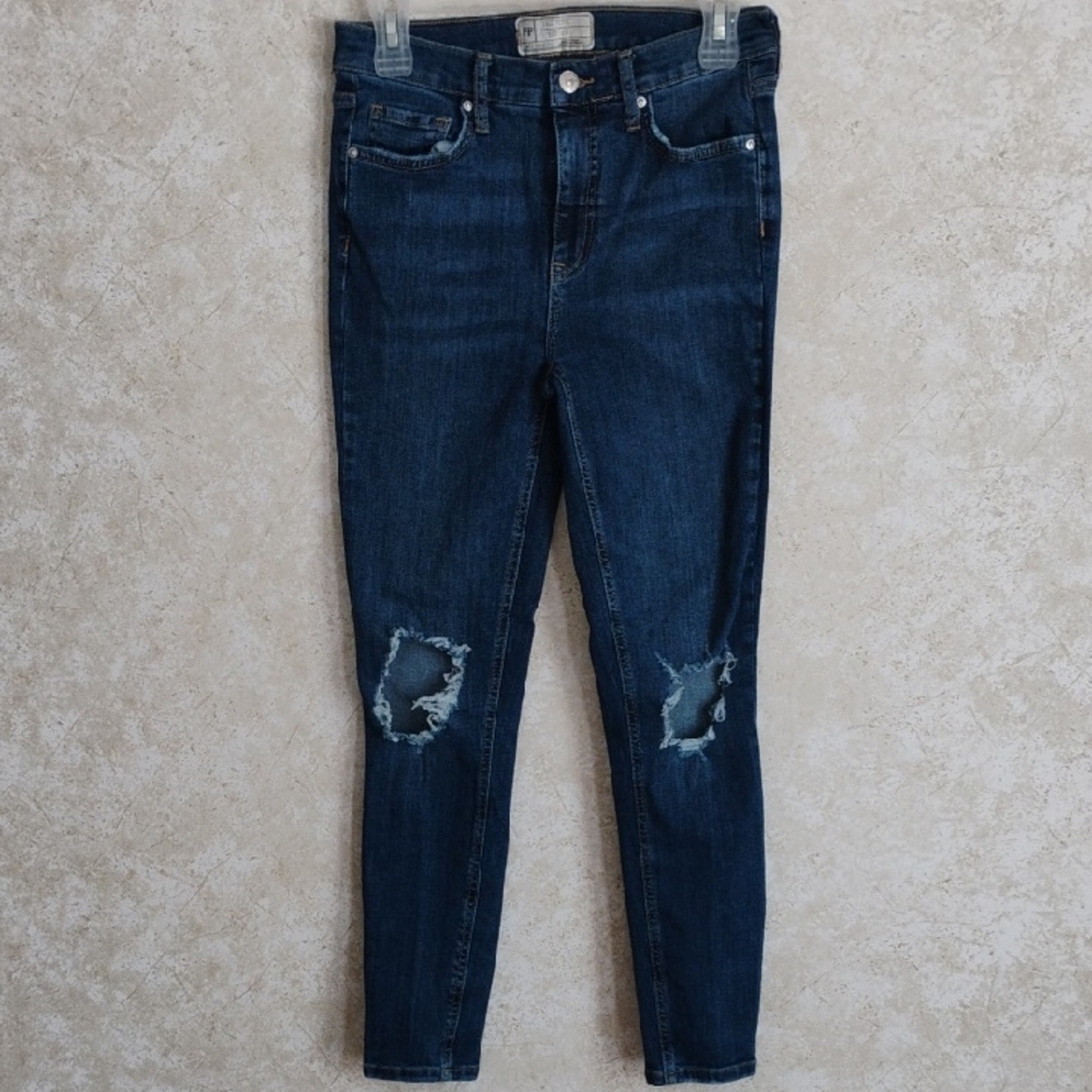 Free People Blue Skinny Jeans with Distressed Details